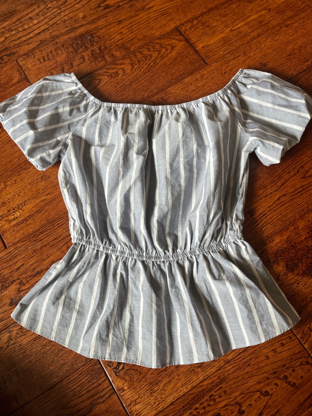 Dynamite Blue and White Striped Off-Shoulder Peplum Top